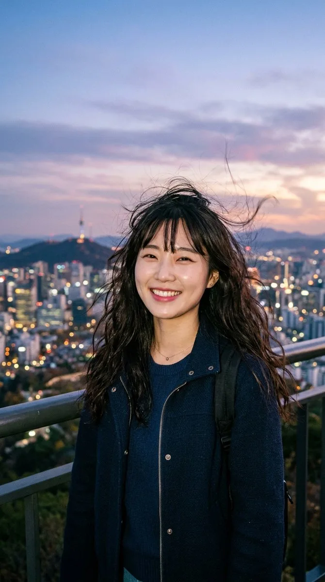 A smiling young woman with wind-blown hair standing at a scenic overlook during dusk.