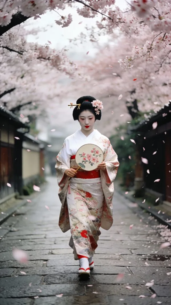 Traditional geisha walking down a stone path lined with blooming cherry blossoms.