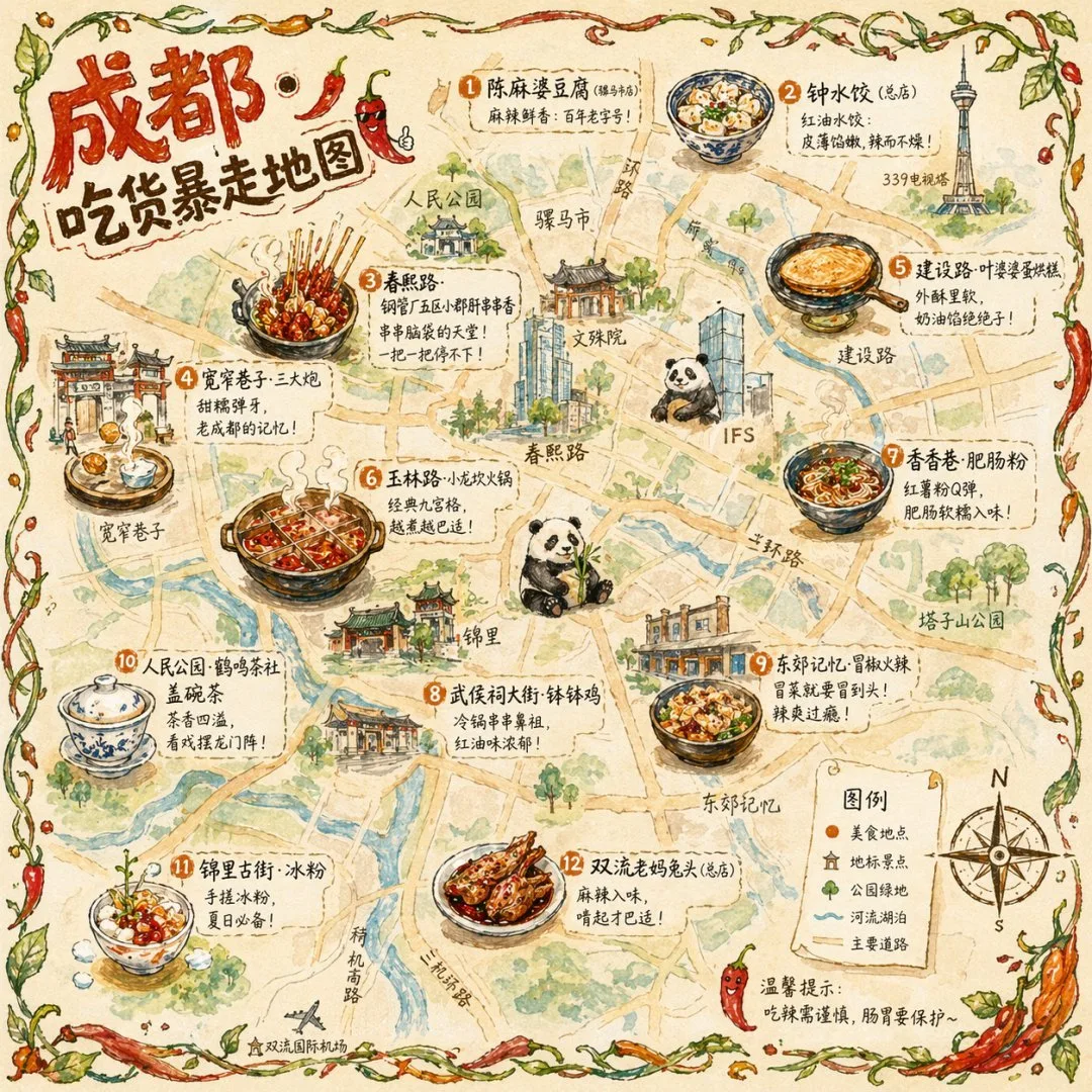 Hand-drawn watercolor map of Chengdu featuring local food spots, landmarks, and a giant panda.