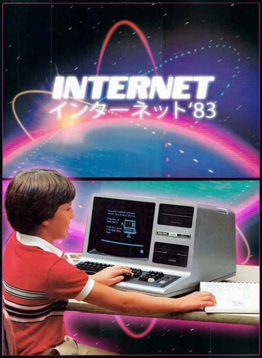 A boy giving a thumbs up in front of a vintage computer with a node-based interface.