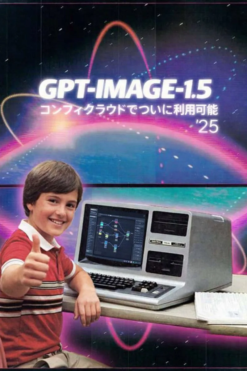 A boy giving a thumbs up in front of a vintage computer with a node-based interface. (2)
