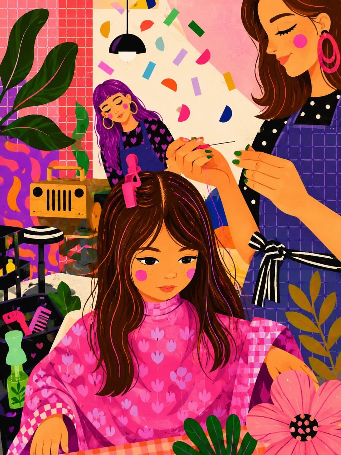 Cozy indie hair salon with stylist and girl, colorful retro decor.