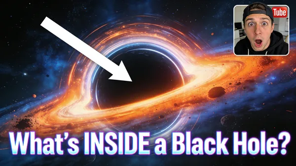 A black hole with an accretion disk and a white arrow pointing to the center.