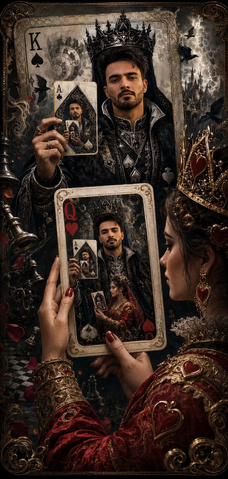 Surreal recursive playing card artwork featuring a King of Spades and Queen of Hearts.