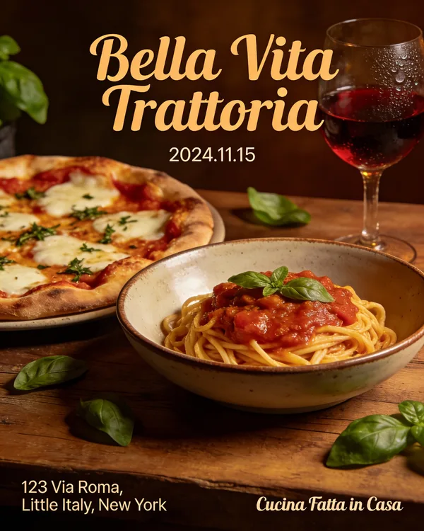 Rustic flat-lay flyer for an Italian restaurant grand opening with pizza, pasta, and wine.
