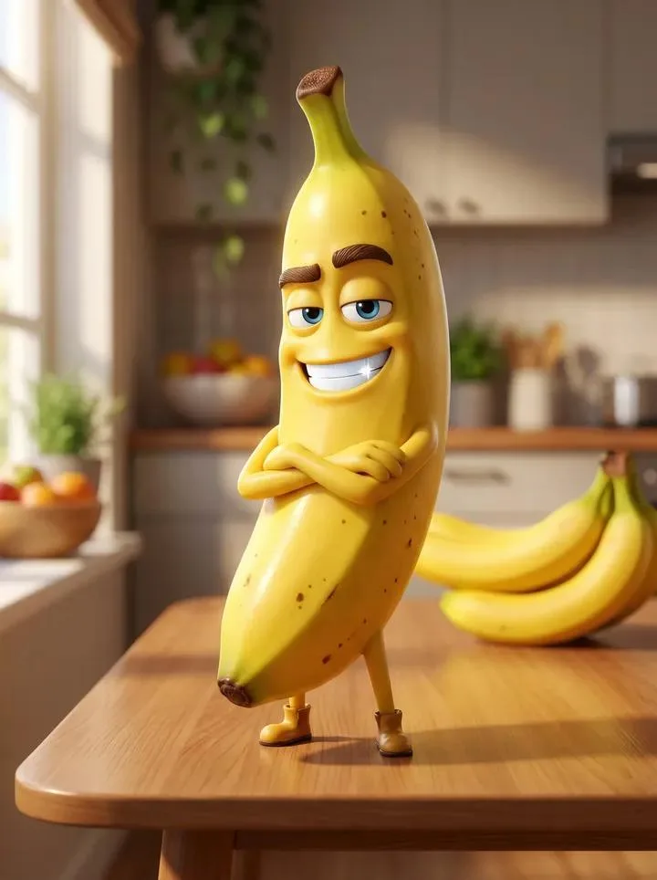A charismatic 3D animated banana character striking a heroic pose on a wooden table.