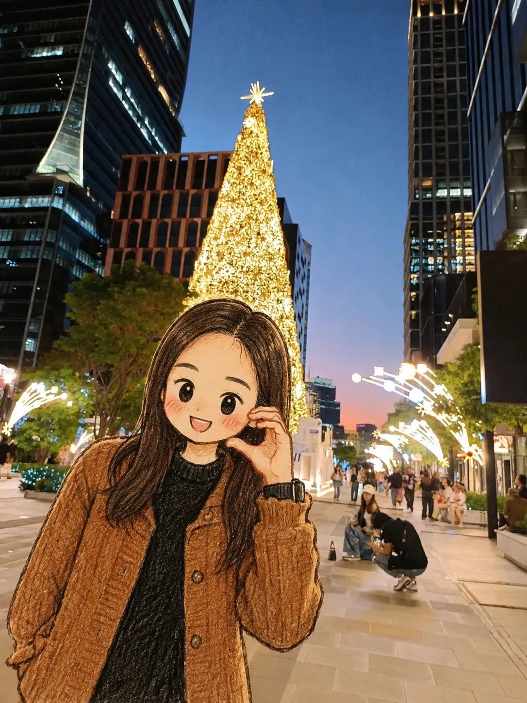 Chibi anime girl standing in front of a glowing Christmas tree in a city.