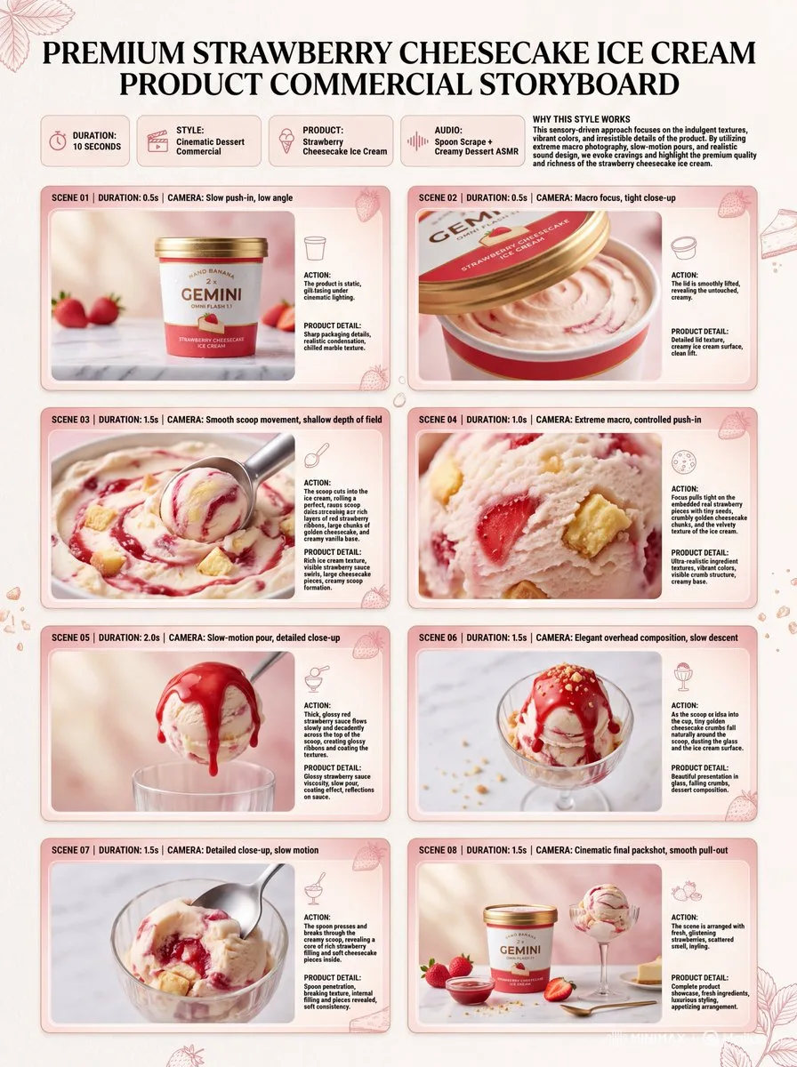 Strawberry cheesecake ice cream commercial storyboard with cinematic scenes and product shots.