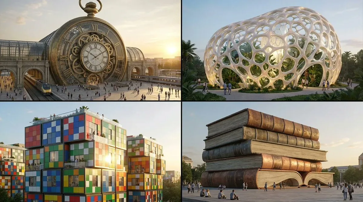 A 2x2 grid of architectural building designs inspired by everyday objects in a cinematic style.