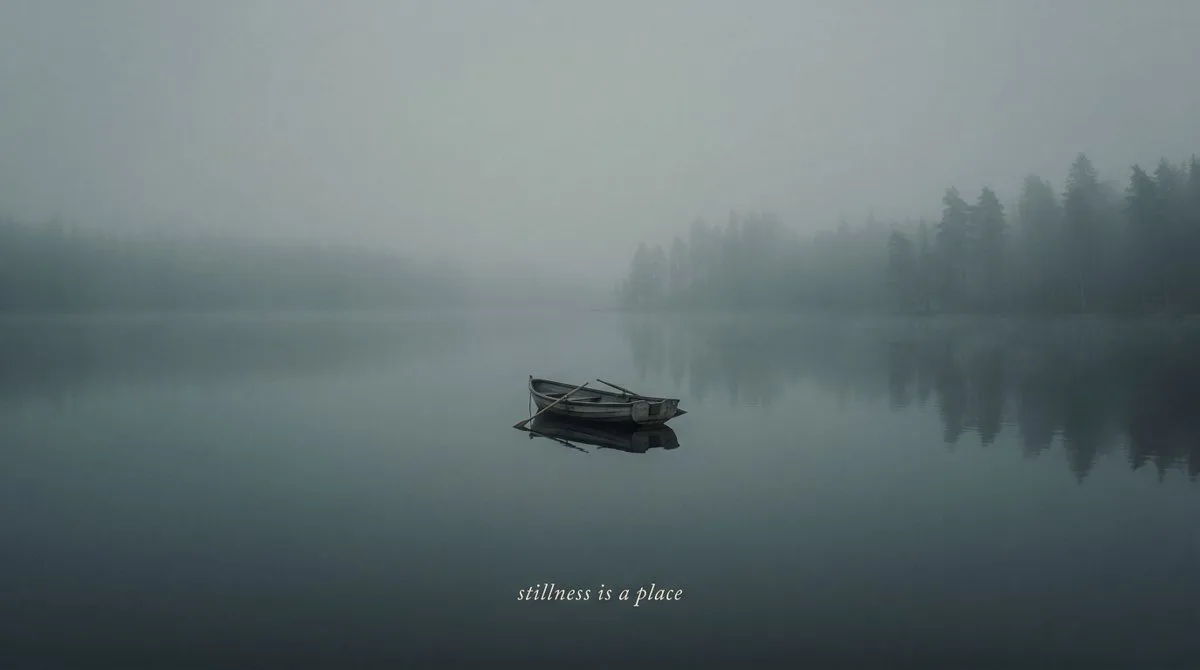 A small wooden boat floating on a calm, misty lake during blue hour.