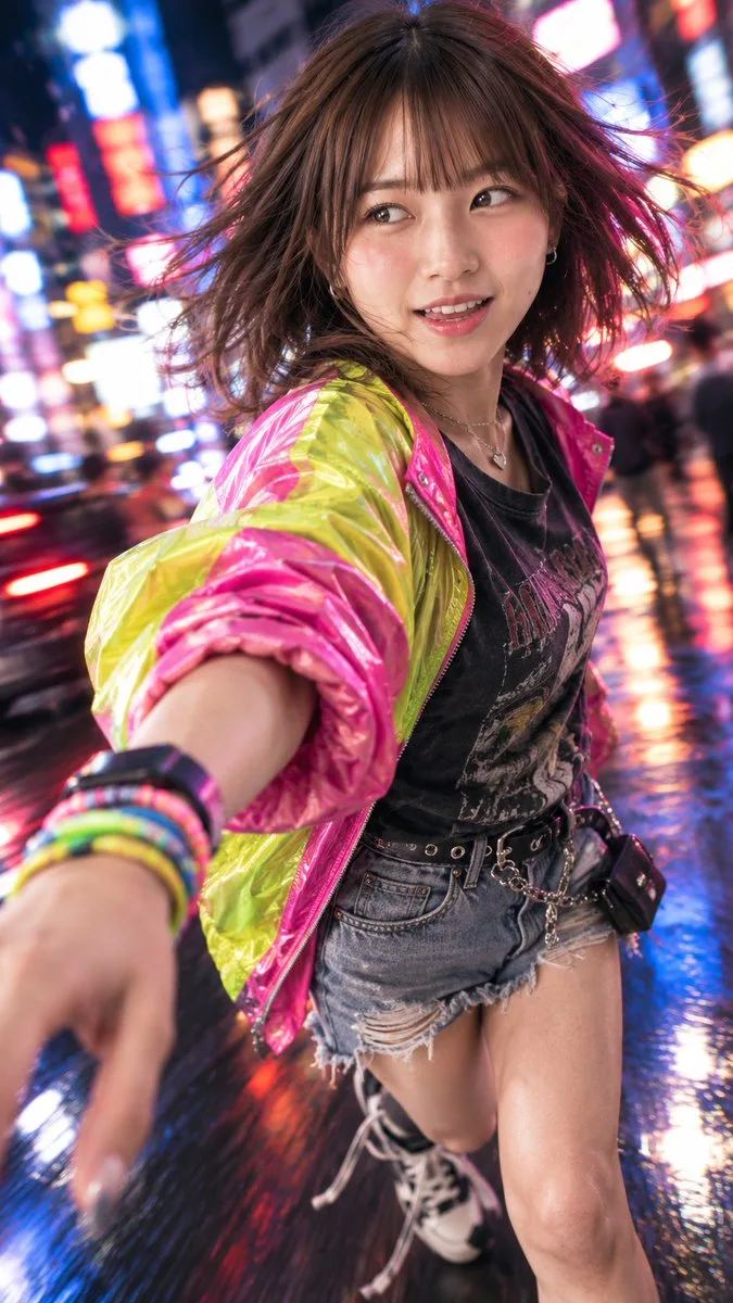 A person in a neon jacket posing dynamically against a blurred, colorful urban night background.