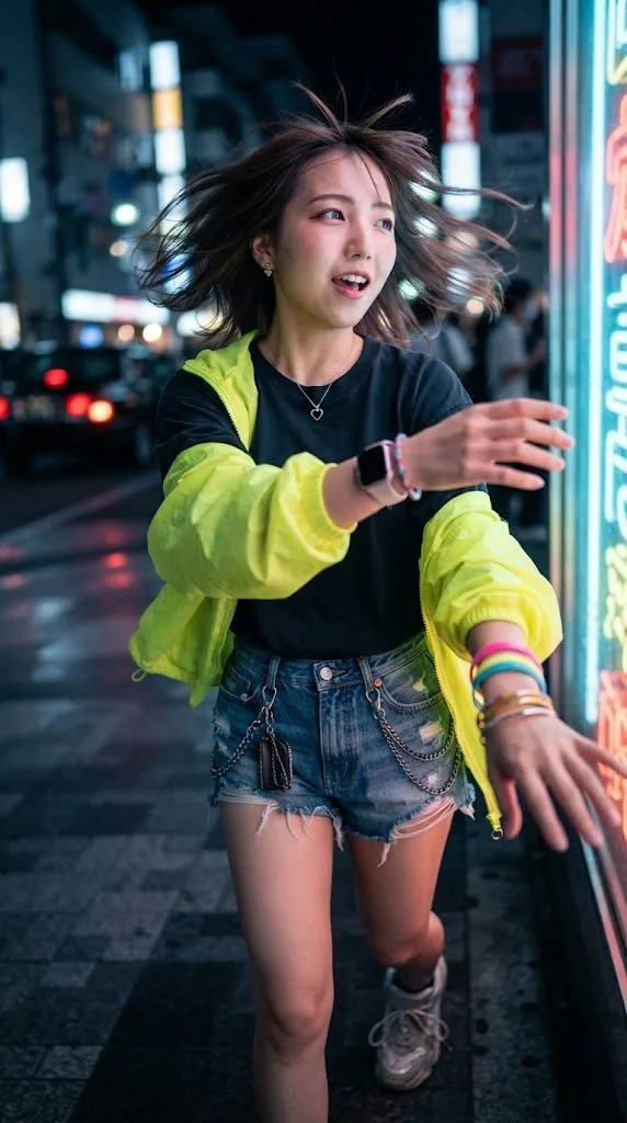 A person in a neon jacket posing dynamically against a blurred, colorful urban night background. (2)