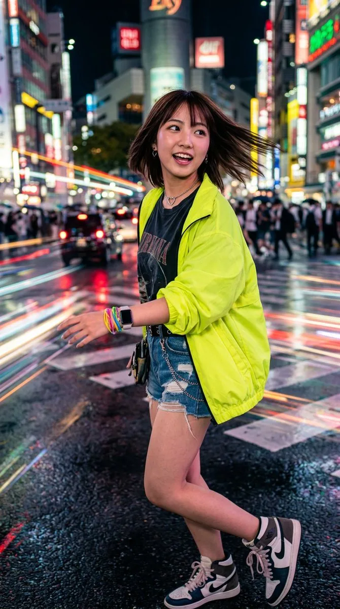 A person in a neon jacket posing dynamically against a blurred, colorful urban night background. (3)