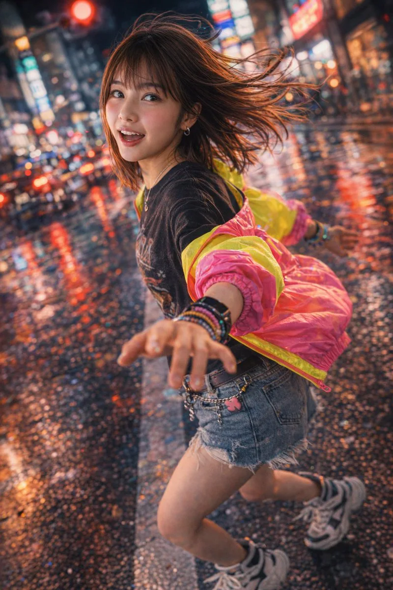 A person in a neon jacket posing dynamically against a blurred, colorful urban night background. (4)