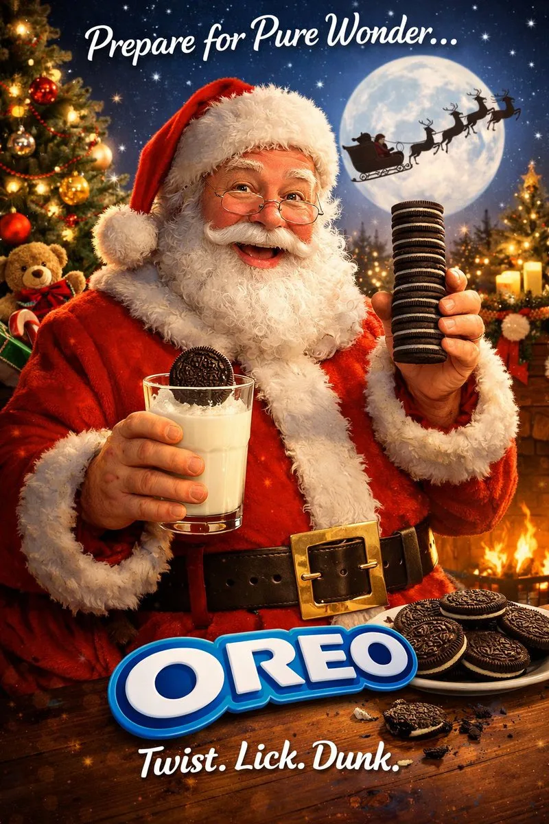 Santa Claus eating an Oreo cookie in a festive holiday ad
