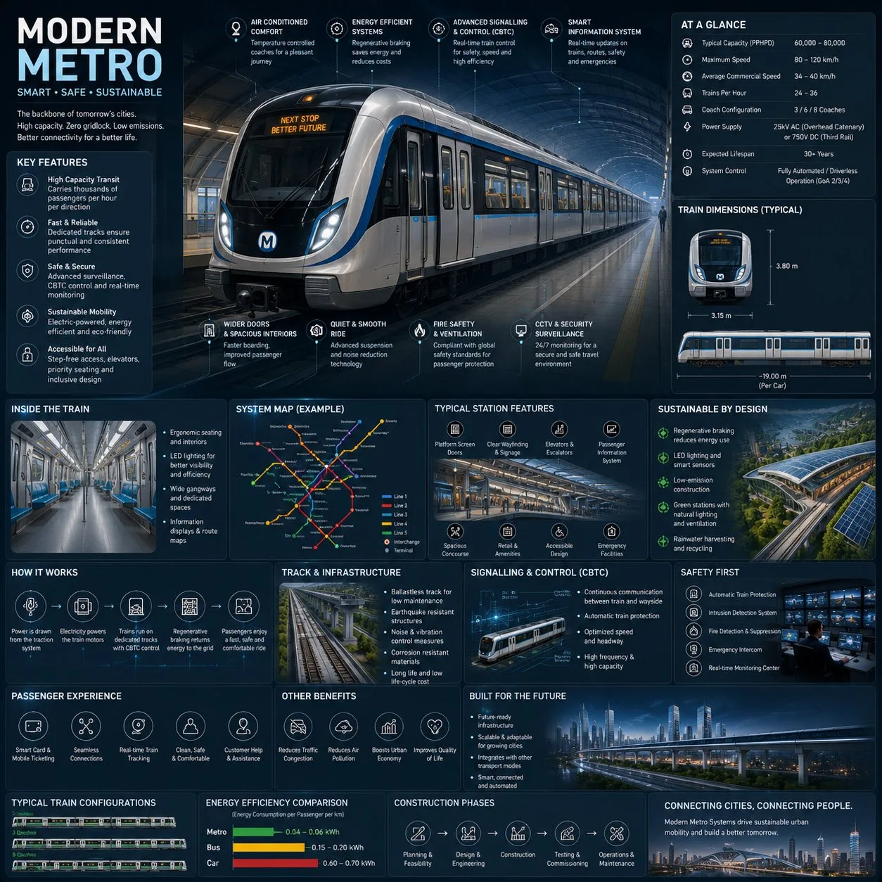 Futuristic metro train infographic with technical engineering annotations and blueprint overlays.