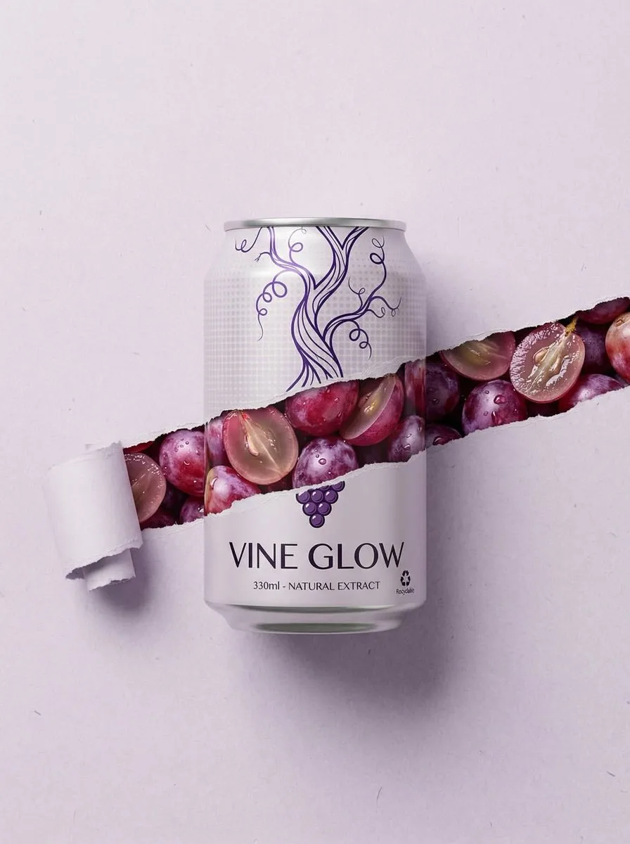 VINE GLOW aluminum can with a torn paper effect revealing fresh grapes.
