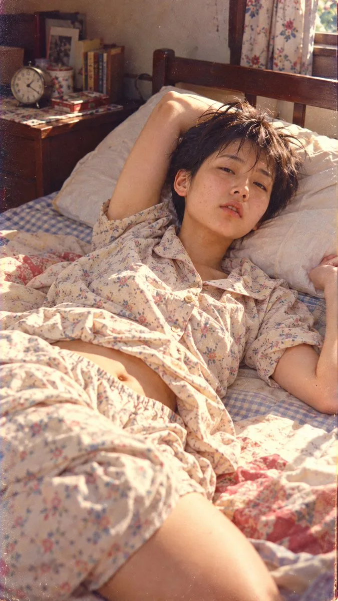 A melancholic young woman in floral pajamas lying in a cozy retro bedroom with warm sunlight.