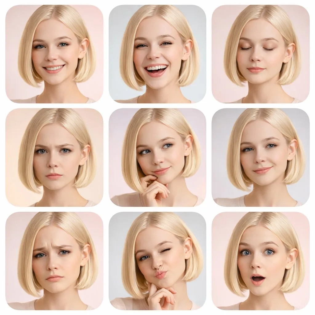 A 3x3 grid of realistic portraits showing a person with different facial expressions. (2)