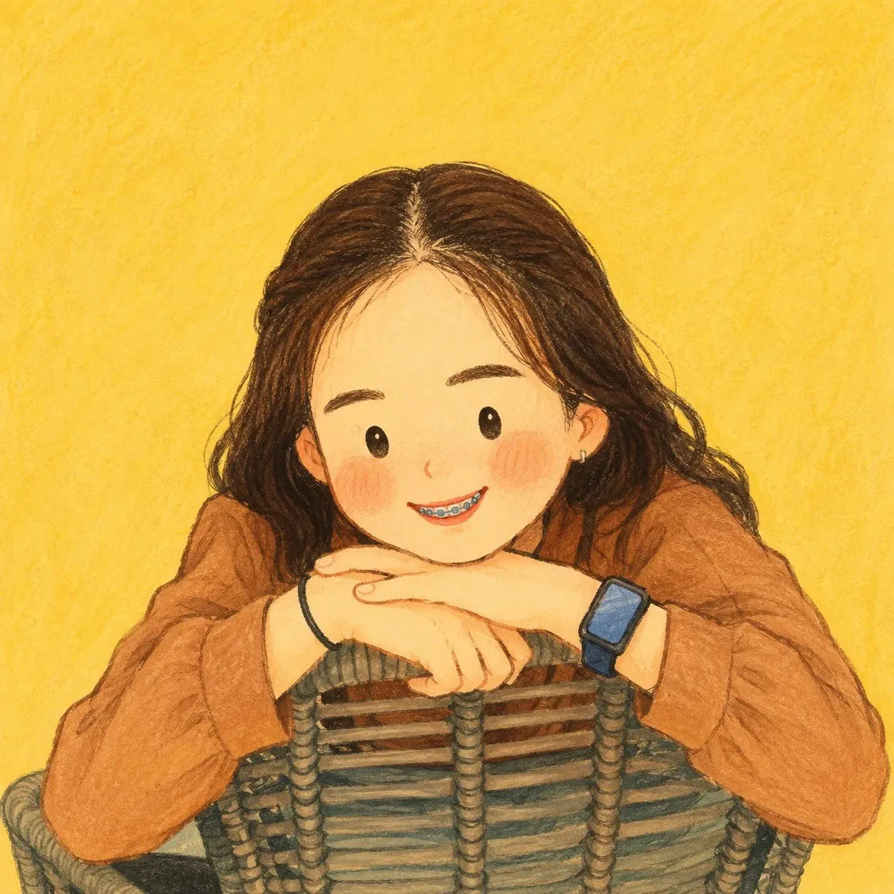 A cute, hand-drawn 2D storybook illustration of a person with a warm, nostalgic aesthetic.