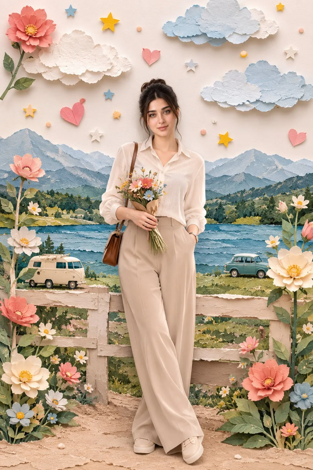 A girl in elegant clothing standing in a whimsical 3D paper-collage countryside diorama.