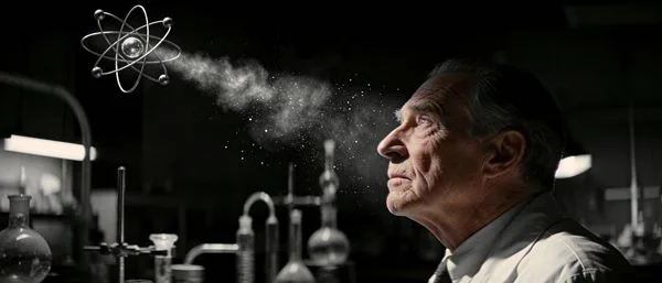 A scientist gazing at an atom model in a moody, high-contrast black and white laboratory.