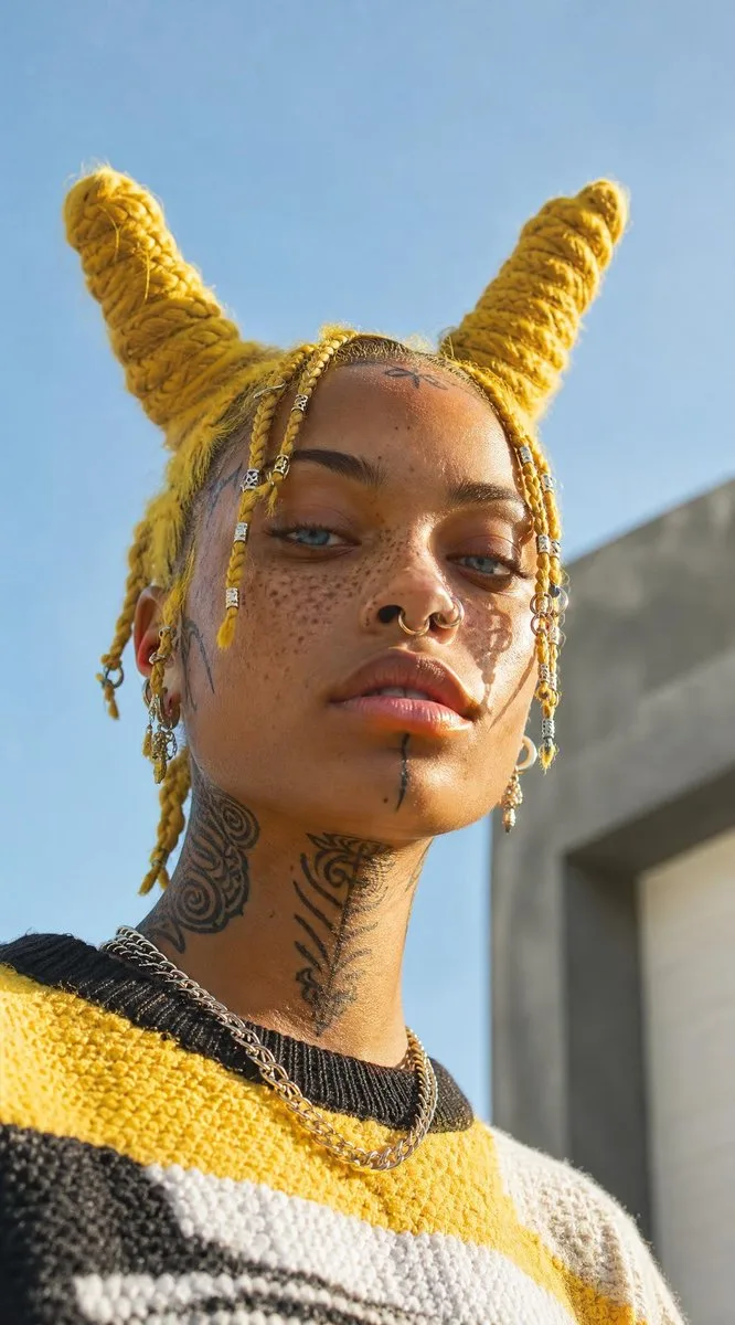 Portrait of a woman with yellow yarn horns, braided hair, and tribal neck tattoo.