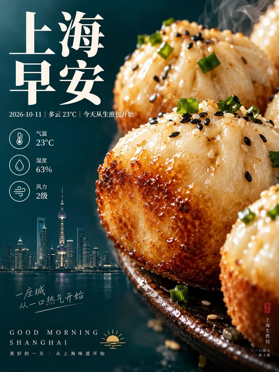 Close-up of steaming Shanghai pan-fried buns with city skyline background.