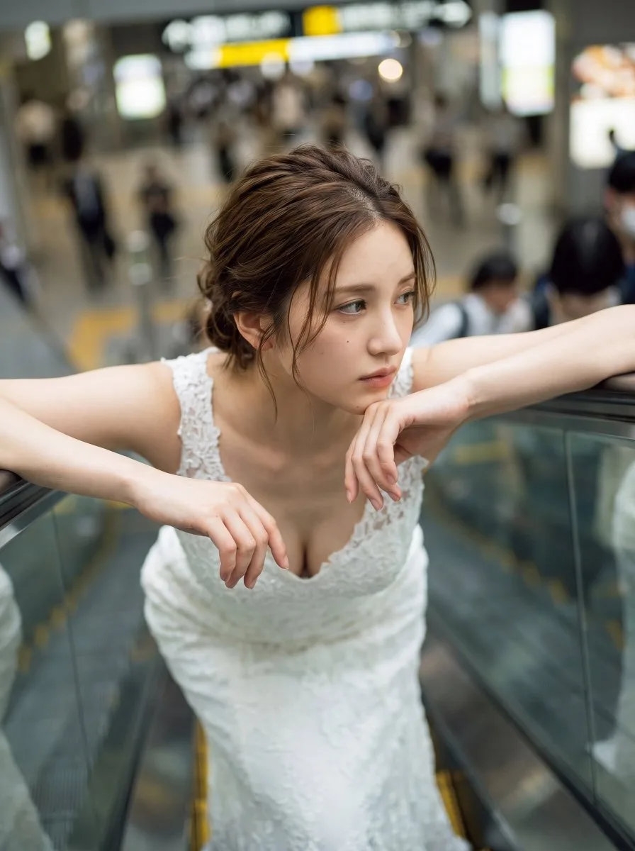 A bride in a white gown standing on an escalator in an Osaka train station.