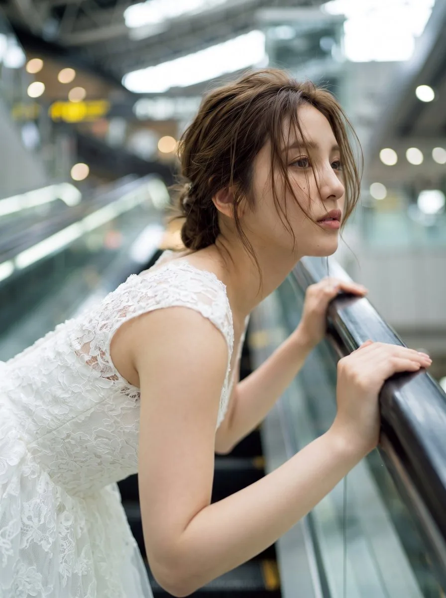 A bride in a white gown standing on an escalator in an Osaka train station. (2)