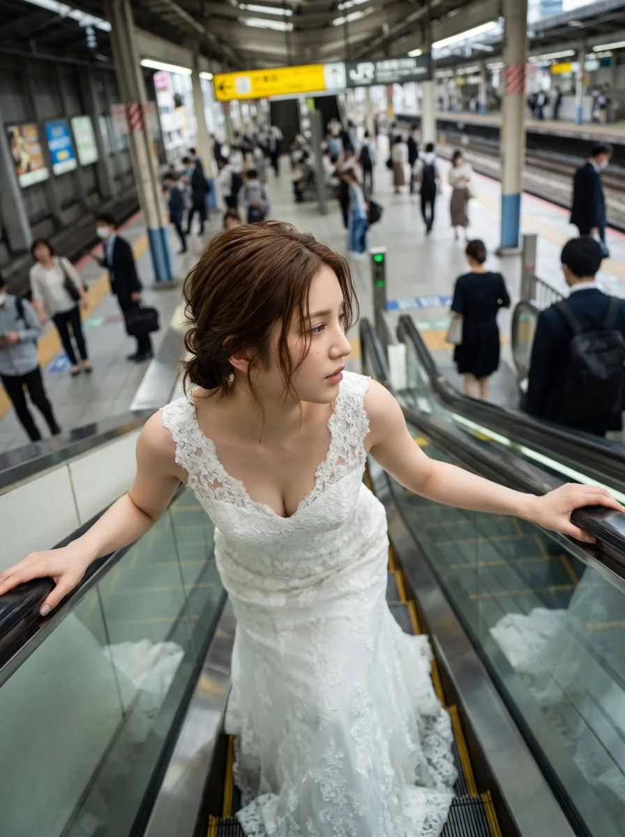 A bride in a white gown standing on an escalator in an Osaka train station. (3)