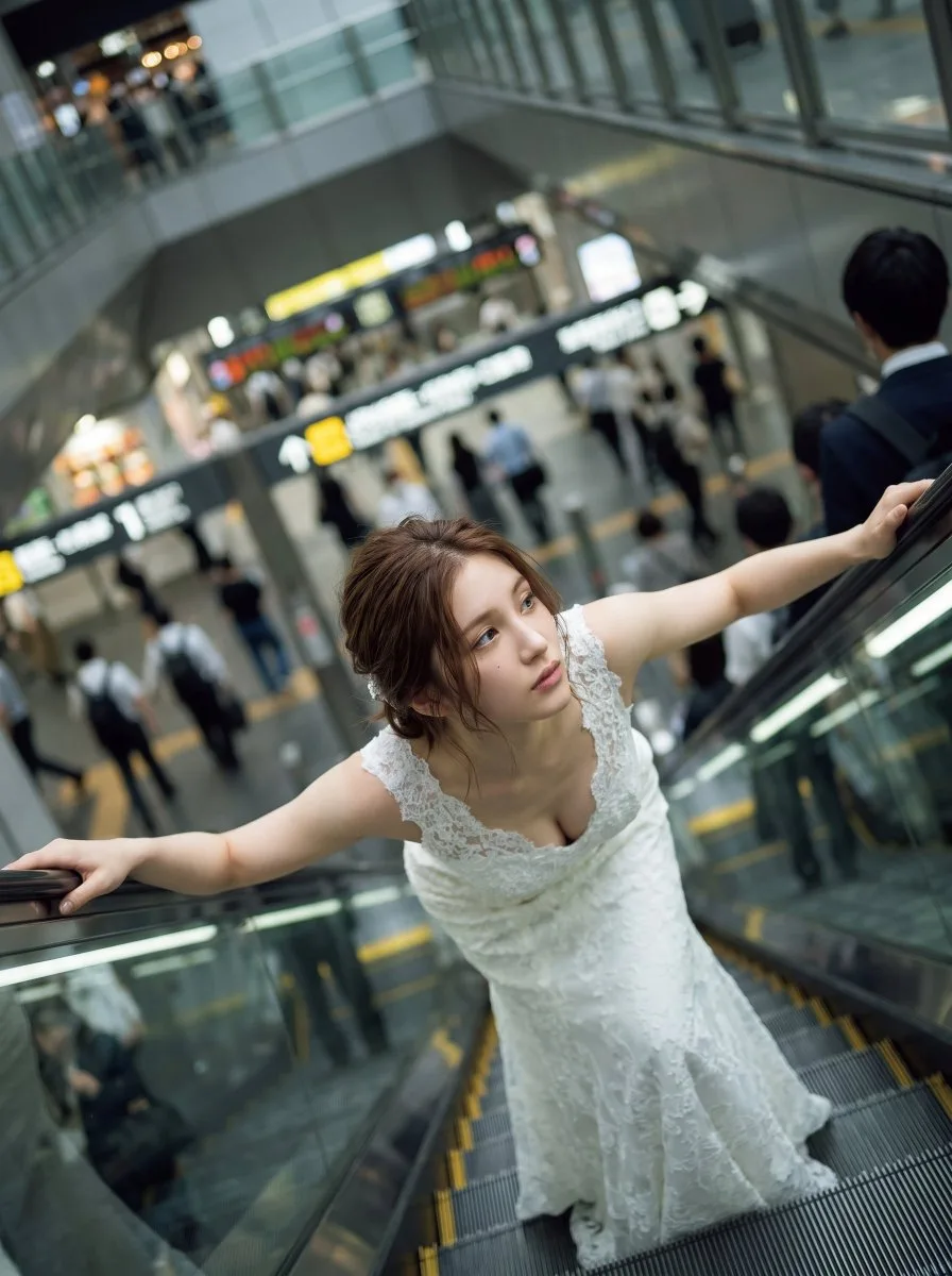 A bride in a white gown standing on an escalator in an Osaka train station. (4)