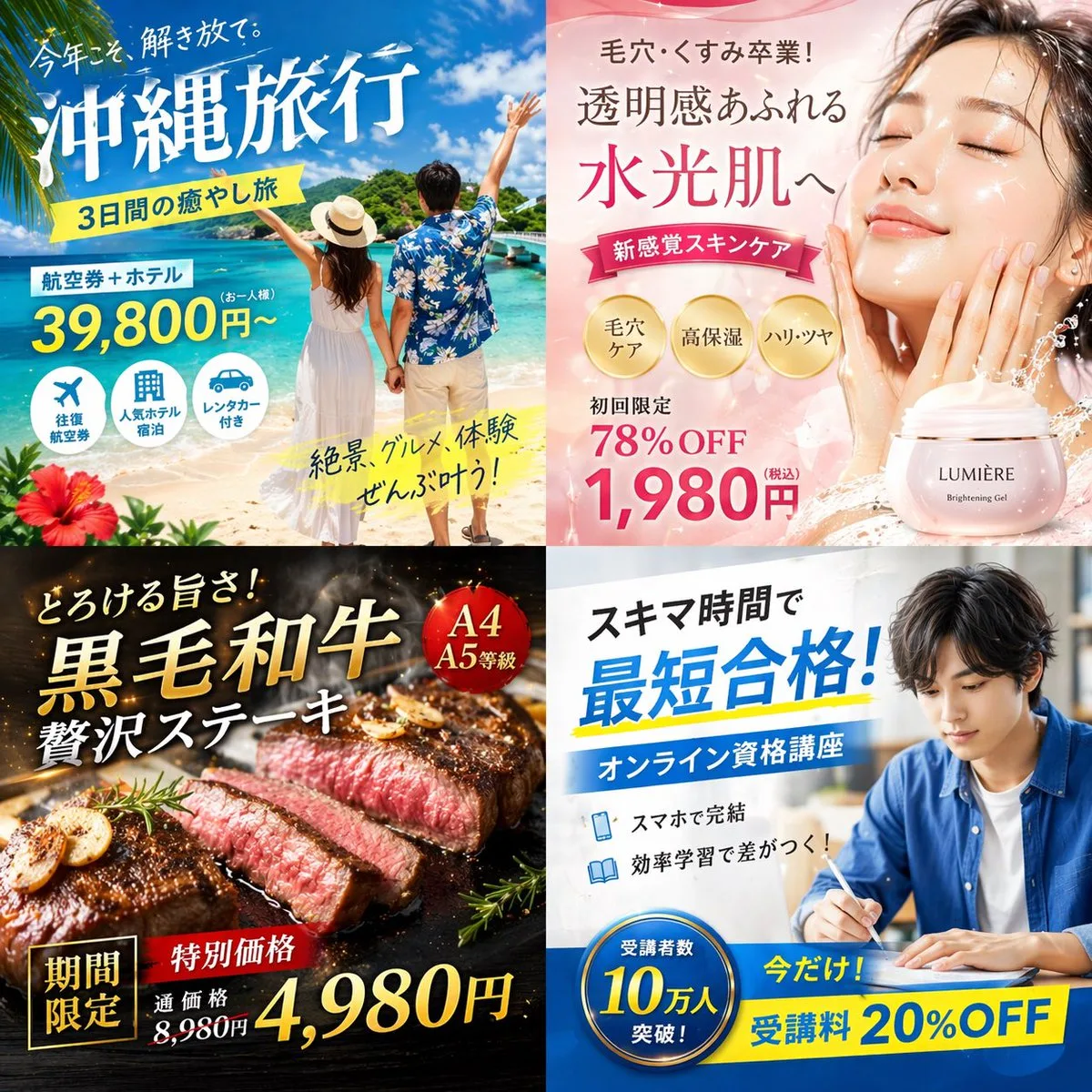 A 2x2 grid of Japanese digital advertisement banners for travel, skincare, and gourmet food.