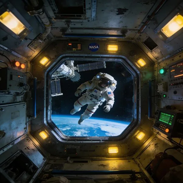 Astronaut floating inside the ISS with Earth visible through the porthole