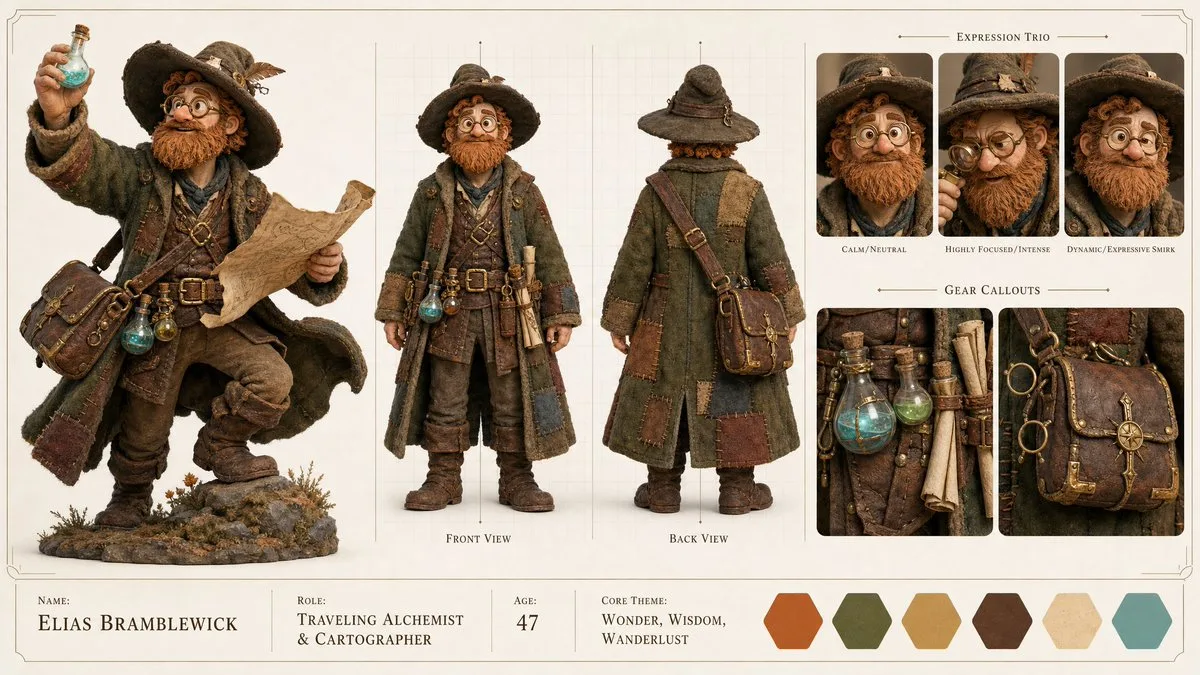 Stylized claymation 3D character concept sheet of a medieval alchemist with warm studio lighting.