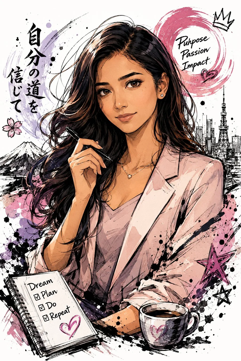 Anime style half-body illustration with ink splatters and pastel colors