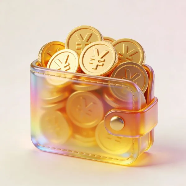 3D glass wallet icon filled with gold coins and RMB symbol