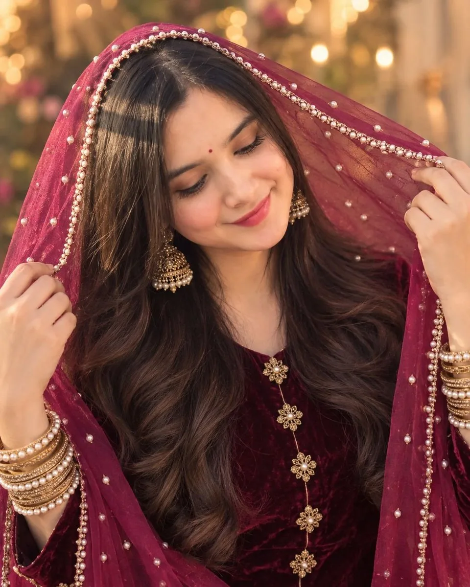 South Asian woman in a floral kurta taking a mirror selfie with a glowing arch background.
