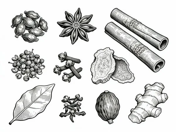 Line art illustration of nine Chinese seasoning herbs in copperplate engraving style.