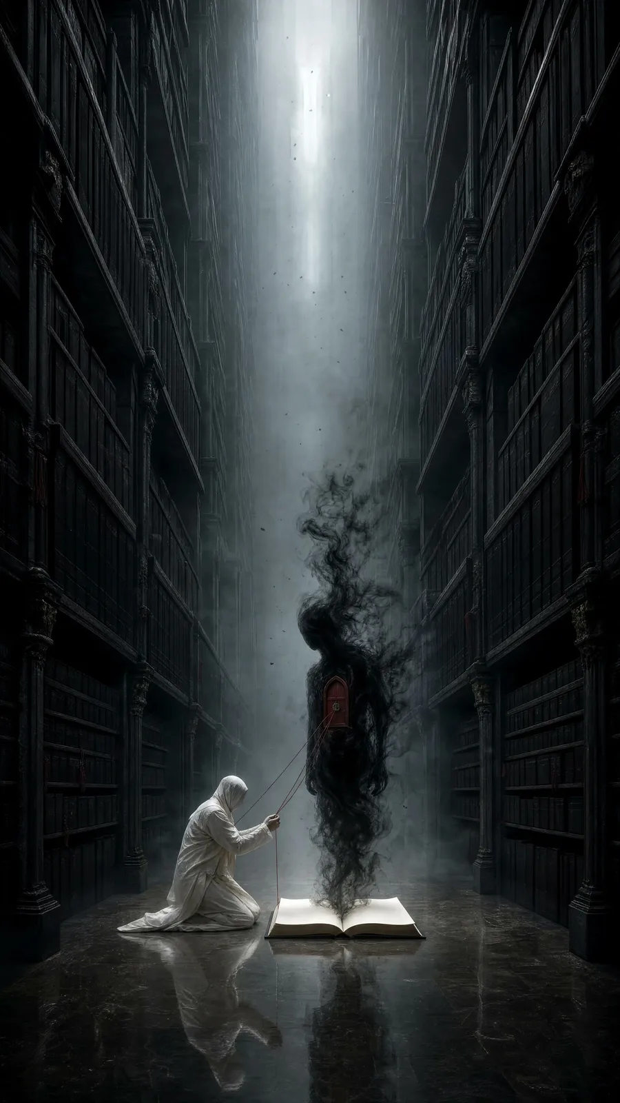 A person kneeling before a smoke figure in a vast, dark library of black books.