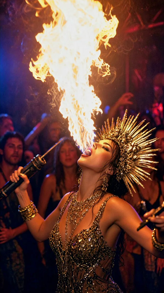 A woman performing fire breathing in a dark club wearing a sunburst headdress.