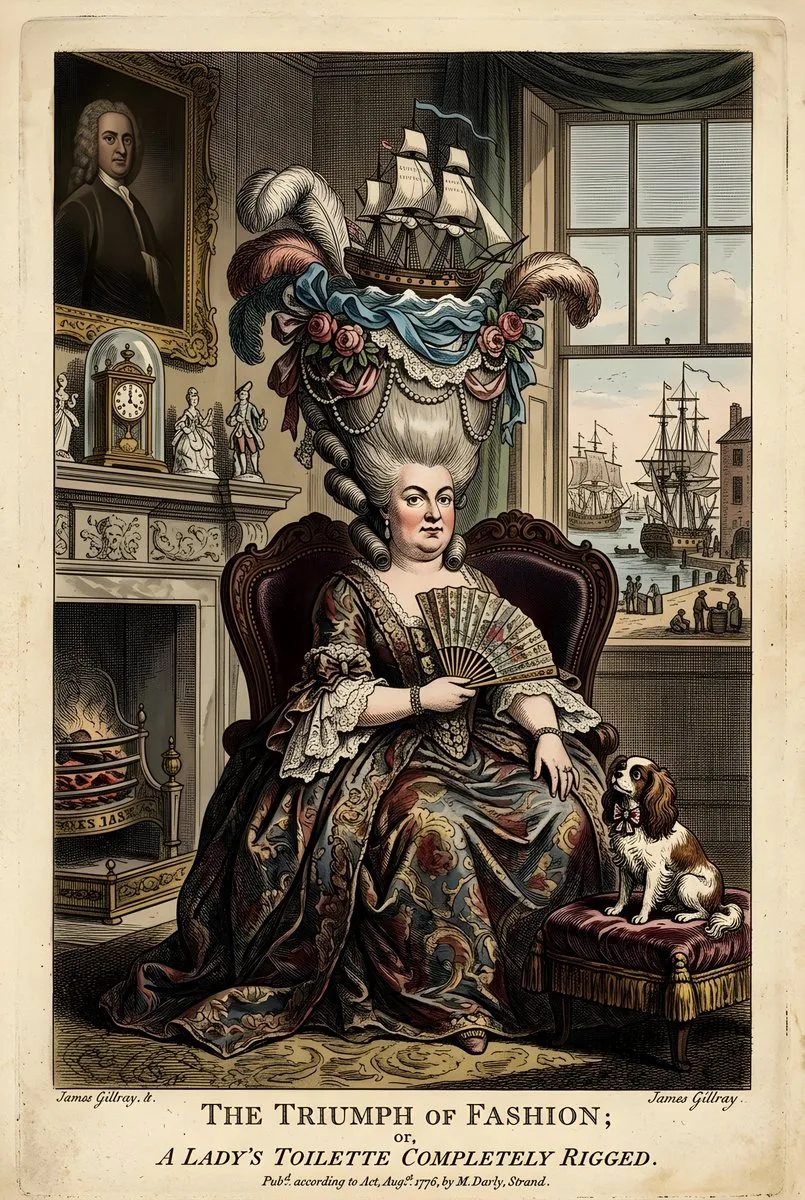 A vintage 18th-century satirical print of a noblewoman with an elaborate ship hairstyle.