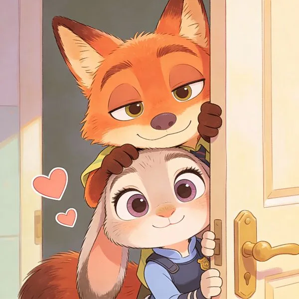 Nick and Judy from Zootopia peeking from a door in a cute illustration
