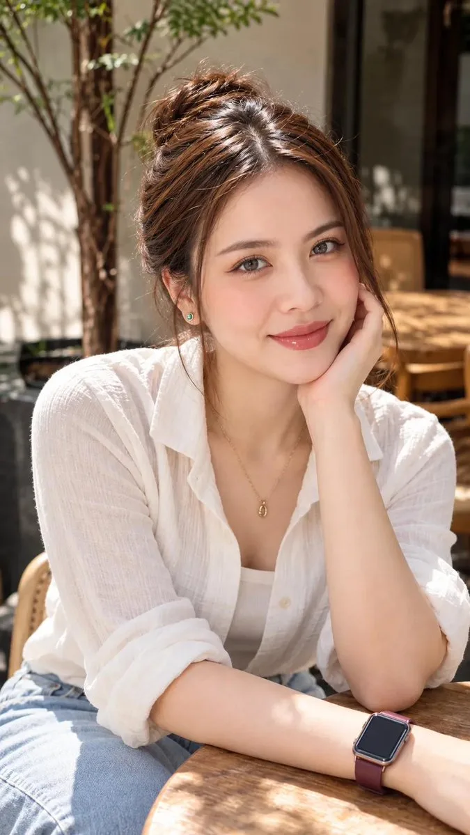 A young East Asian woman with a messy bun resting her chin on her hand at a cafe.
