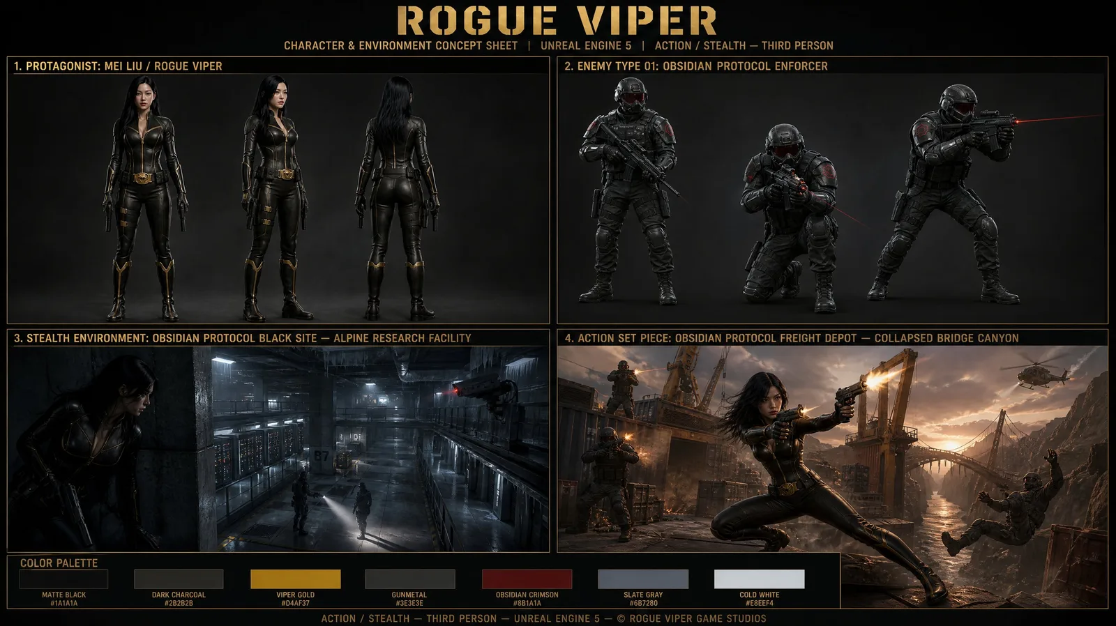Video game concept art sheet with character designs, tactical outfits, and gold typography on dark background.