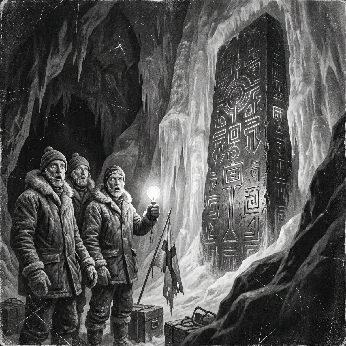 Explorers in 1923 winter gear looking at a glowing metallic monolith in an ice cave.
