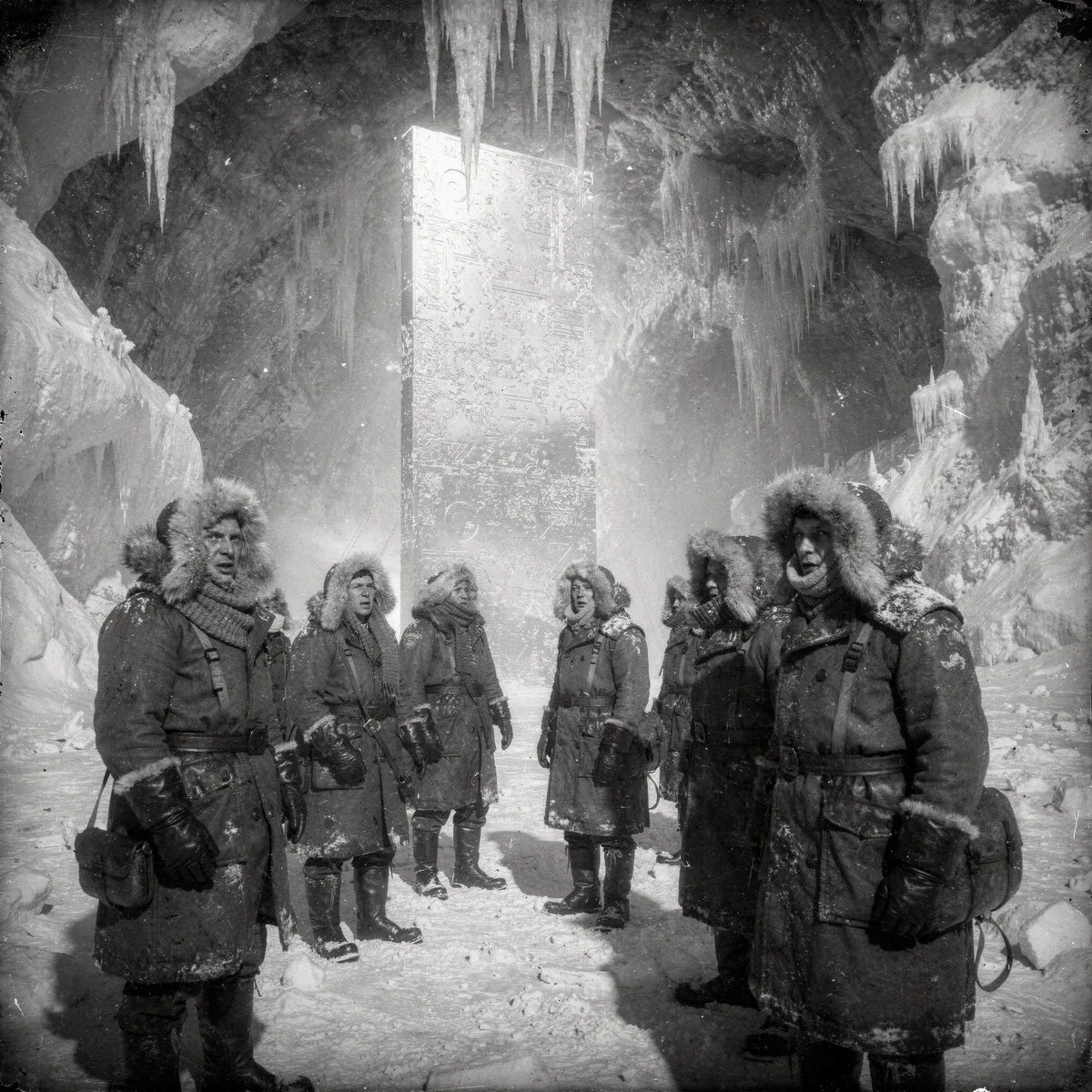Explorers in 1923 winter gear looking at a glowing metallic monolith in an ice cave. (2)