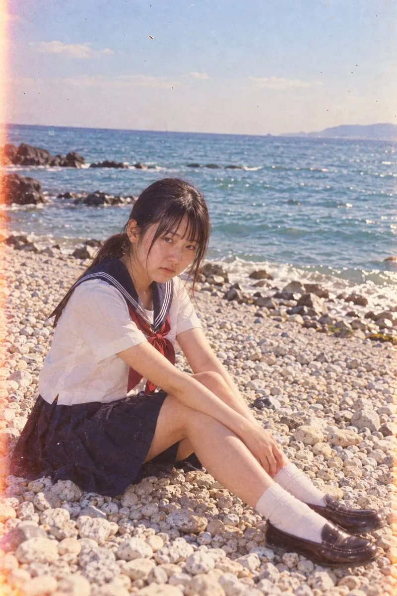Young Asian woman in a Japanese school uniform sitting on a pebble beach with a vintage film aesthetic.
