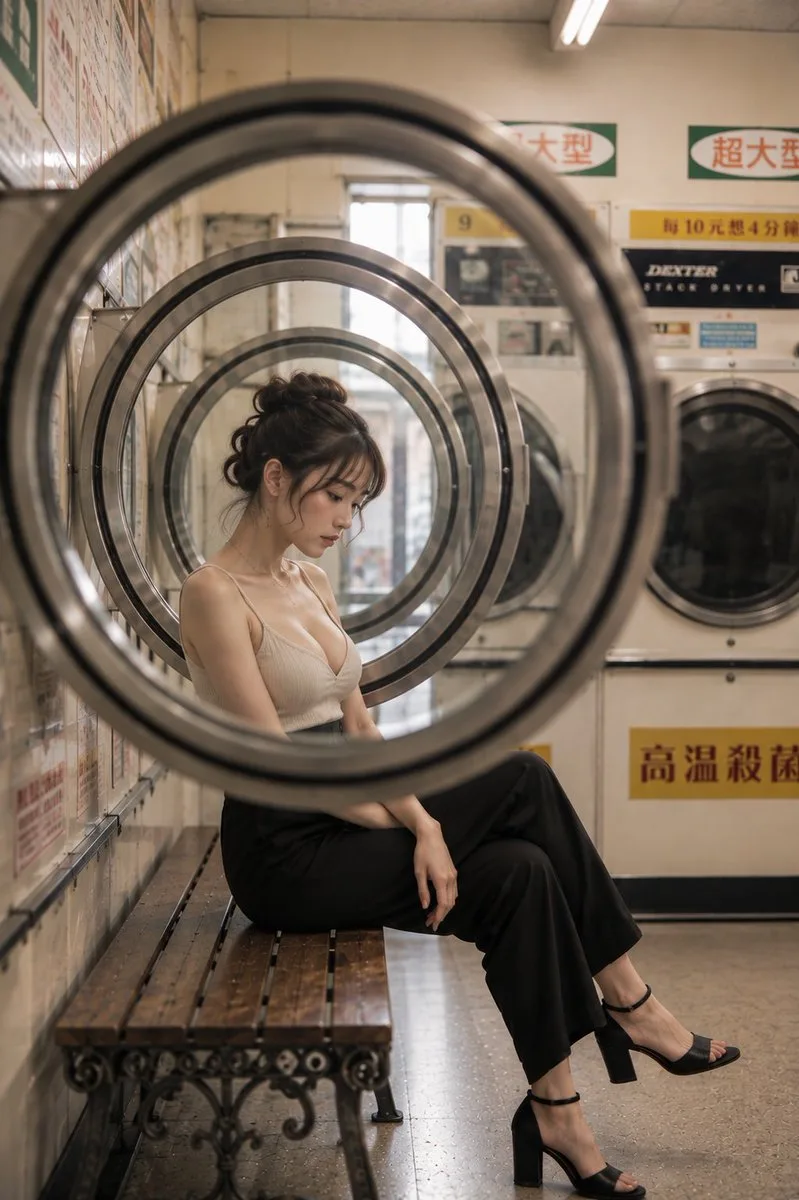 A woman sitting on a bench viewed through circular dryer doors in a laundromat.
