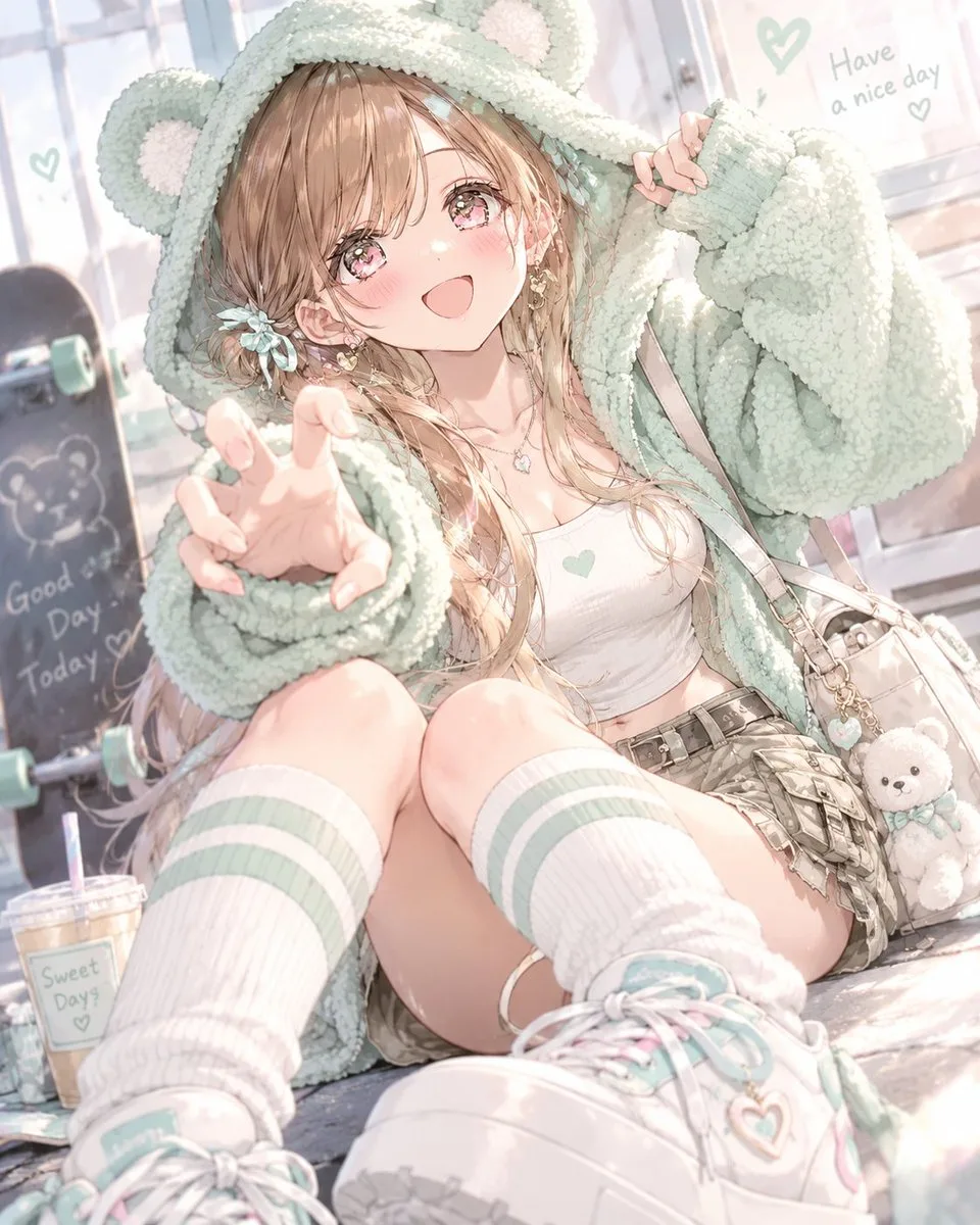 Cute mint green fleece bear-ear hoodie with cargo shorts and platform sneakers.